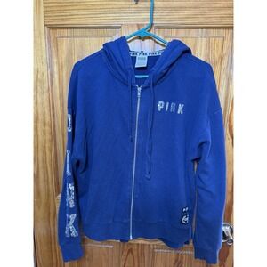 Victoria Secret Pink Sparkle Sleeve Hoodie Full Zip Navy Blue Boyfriend